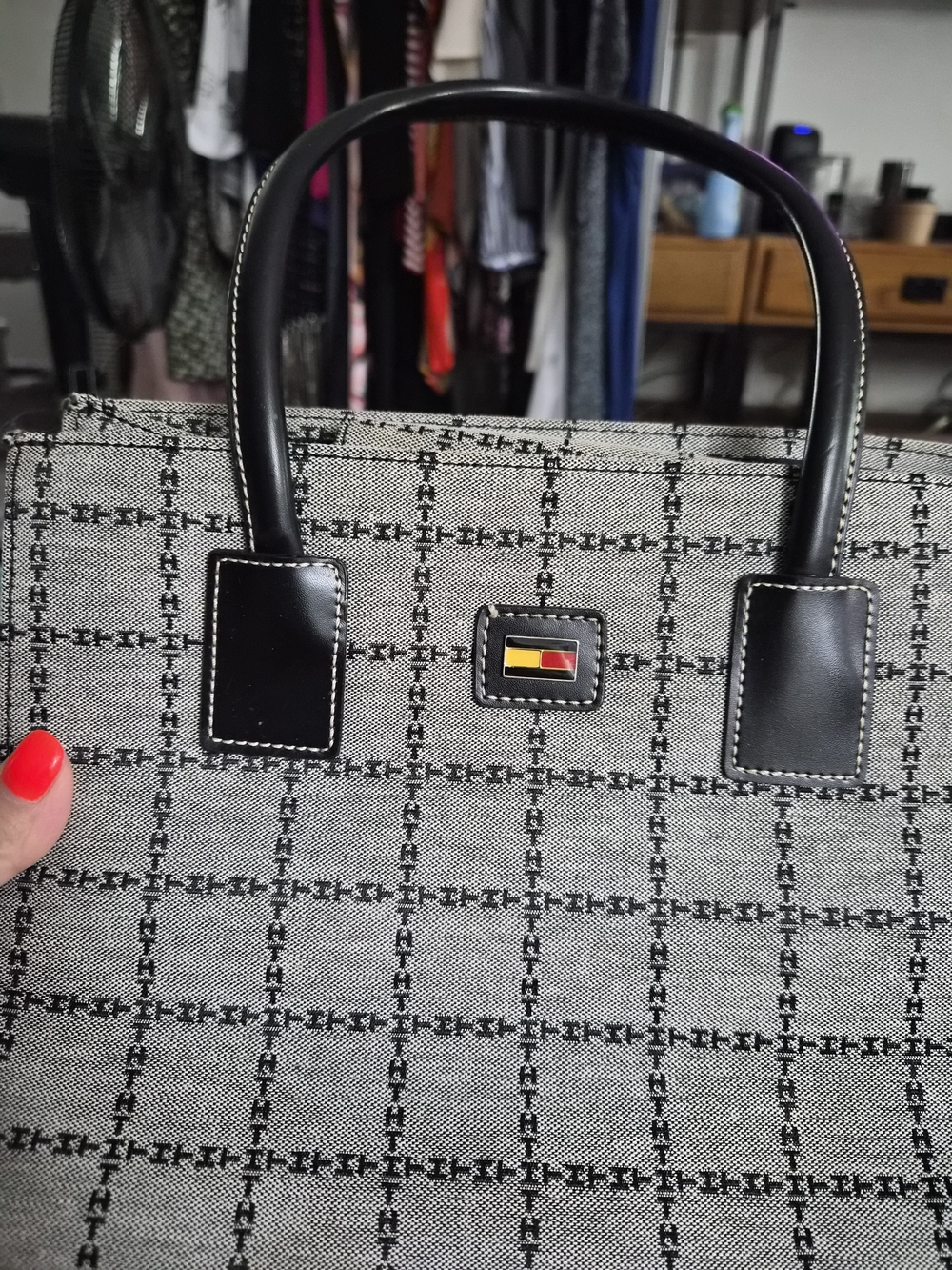 Tommy Hilfiger Gray & Black Check Tote with Red Interior